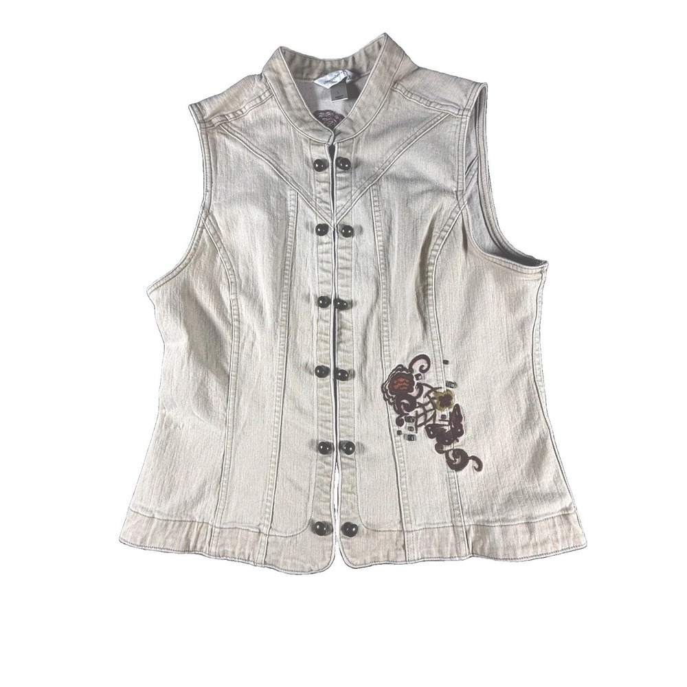 Christopher & Banks Embroidered Vest Beige Denim Studded Fall Floral Button L